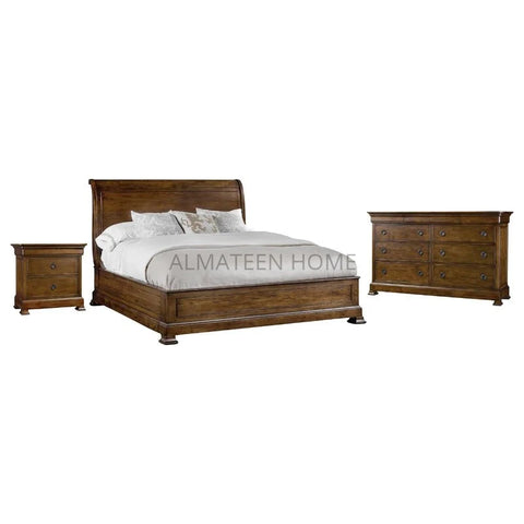 Russel Walnut Bed Set with Dresser and Side Tables