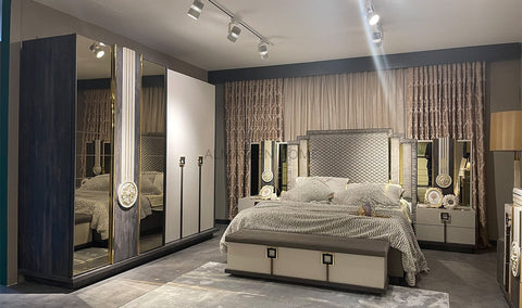 Lyon Bedroom Set with King Size Bed, Dresser, Sliding Wardrobe, and Side Tables - Turkish