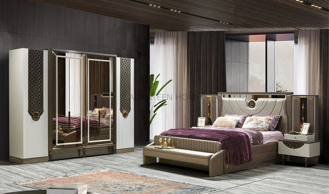 Olympus Bedroom Set with King Size Bed, Dresser, Sliding Wardrobe, and Side Tables - Turkish